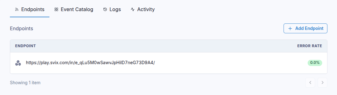 Webhook portal with the Add endpoint button.
