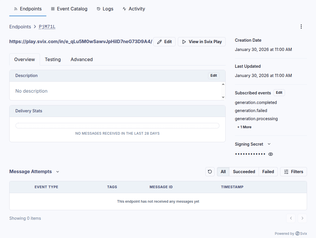 Webhook endpoint details showing the signing secret.